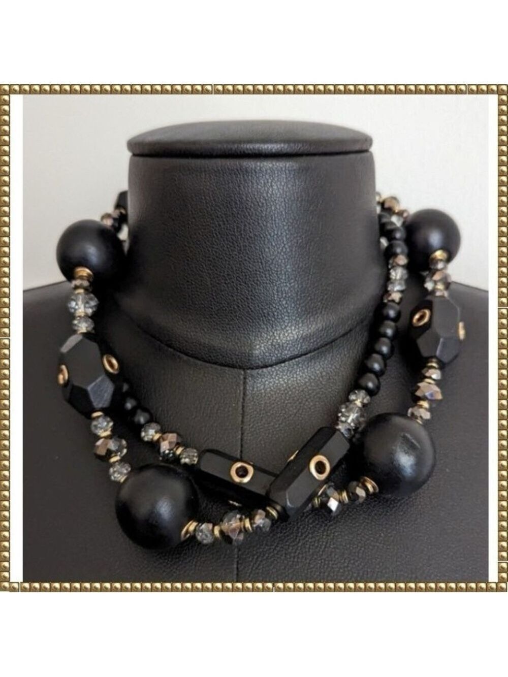 Vintage Italian Necklace Black Beads Crystal Gold Accents